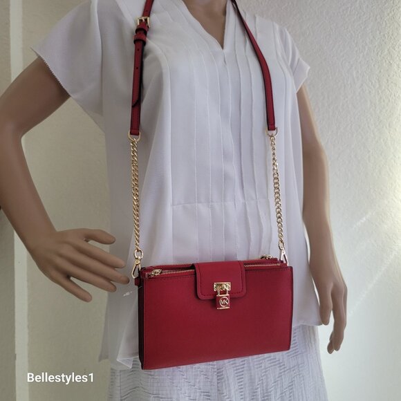 MICHAEL KORS Ruby Small Double-Zip Saffiano Leather Crossbody Bag- Crimson ⭐ - Picture 16 of 16